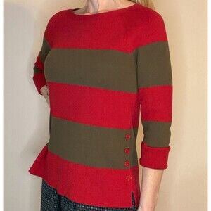 Talbots Striped Cotton Blend Pullover Sweater Red Olive Green M